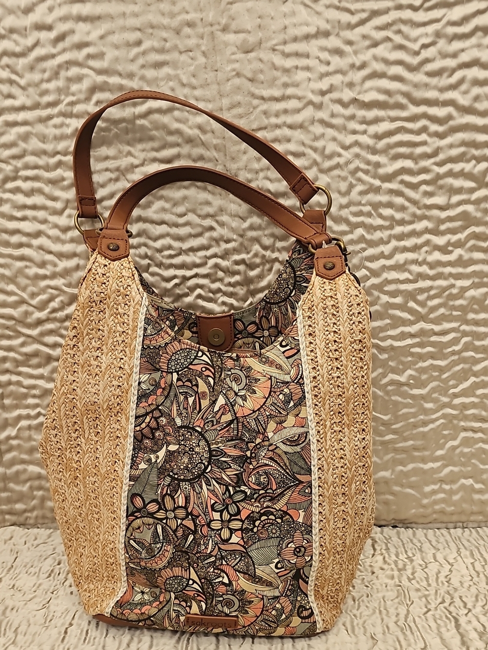 Sakroots Spirit Desert Roma Shop Boho Floral Straw Hobo Bag with Tan Leather Tri